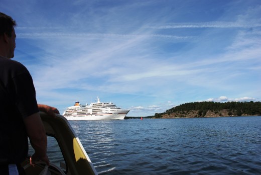 The cruise ship bearing down on us, coming out of Stockholms harbor.
