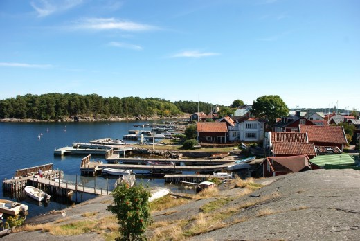 Waterfront houses along the approach to Sandhamn's harbor.