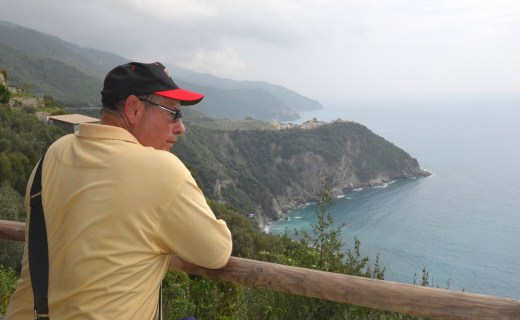 Augie taking a breather, with our destination of Corniglia in the background.