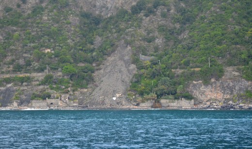 The landslide blocking a portion of The Cinque Terre trail, as seen from the ferry
