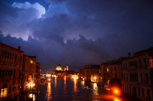 On our return from the super marche we stopped in the same spot and took another photo looking east along the Grand Canal as lightning illuminated the clouds