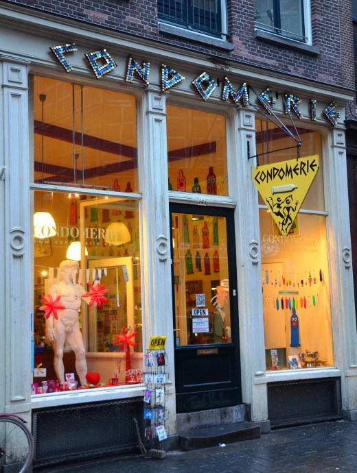 The colorful window display in the world's first condom shop, the Condomerie.