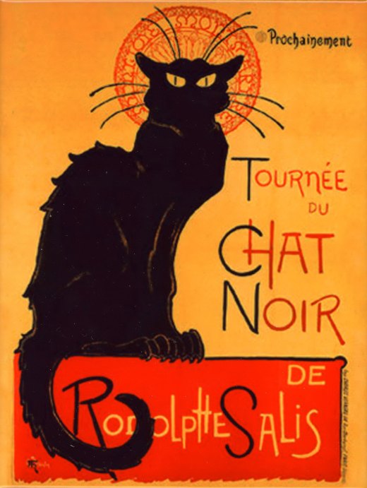 Le Chat Noir, an iconic poster art image from the Montmartre cabaret established in 1881.  The artist was Steinlen.  This is image is EVERYWHERE and on everything imagineable here in the Montemartre area of Paris