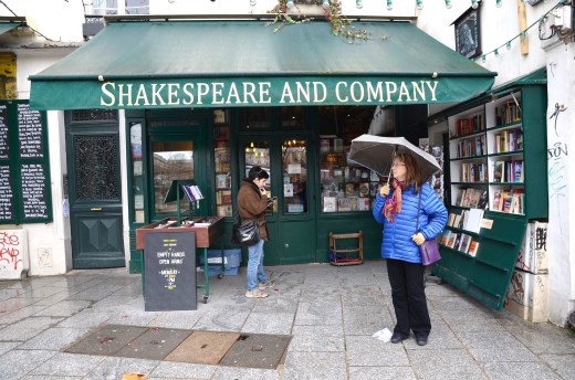 Rain showers outside Shakespeare and Company bookstore, Paris