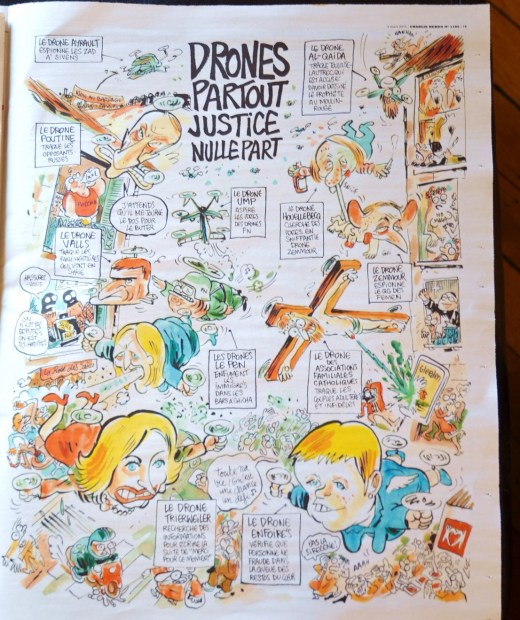 a page inside the issue of Charlie Hebdo.  Drones partout justice nullepart;  using images of political and historical figures, such as the Catholic Church and al-quaida to illustrate the futility of making people behave