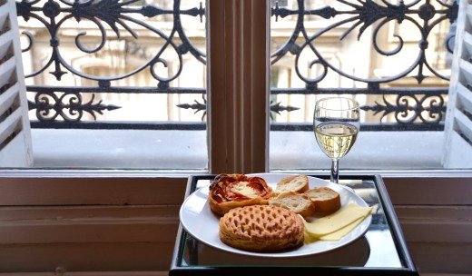 Our lunch today in the apartment, tarts and bread and cheese from the local bakery