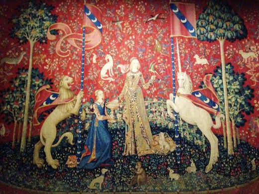 Taste, The right hand of the lady takes a piece of confectionery from a dish offered to her by the maidservant