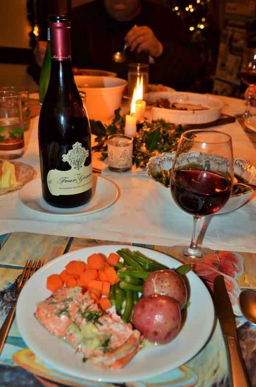 Christmas dinner or salmon, potatoes, carrots, green beans and of course an nice Oregon Pinot Noir, Four Graces.